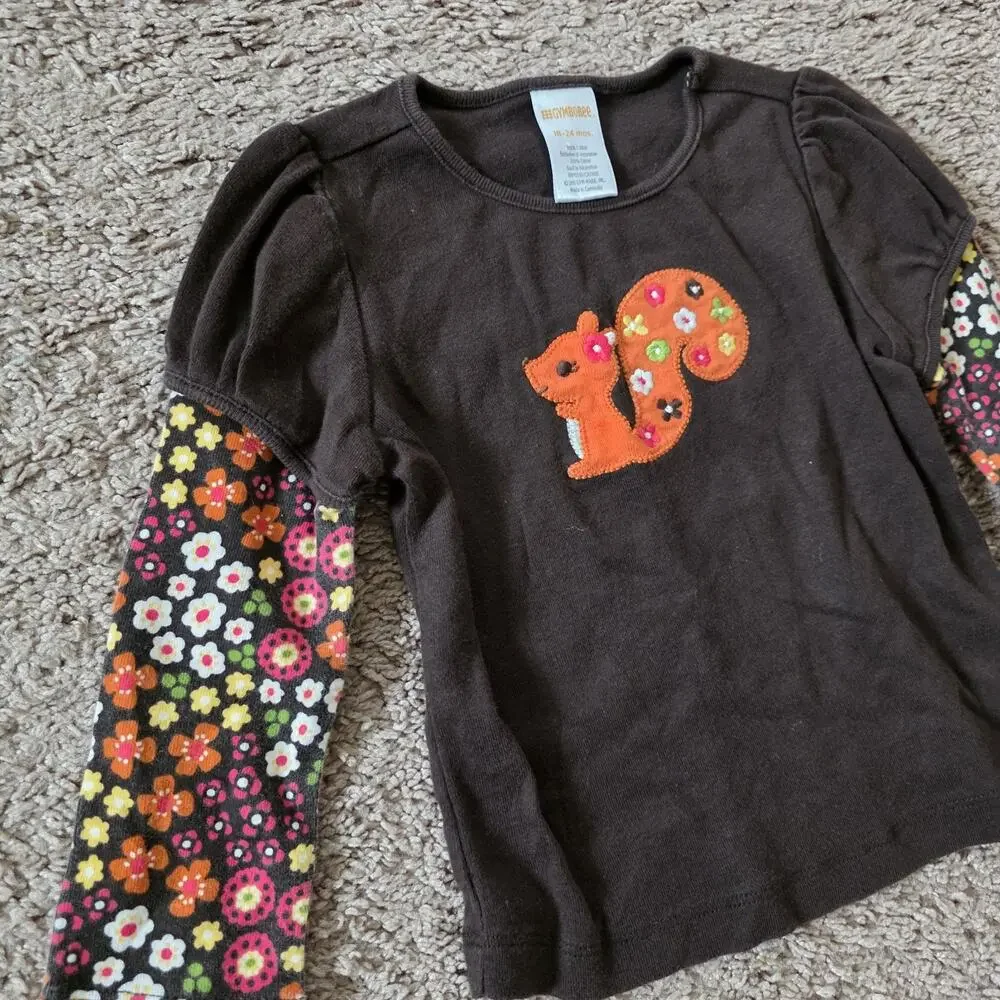 Gymboree Falling For Autumn Tshirt 18-24 Months Long Sleeve Top Squirrel Floral